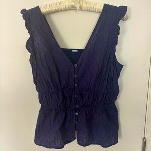 Navy Swiss Dot Frilly Top